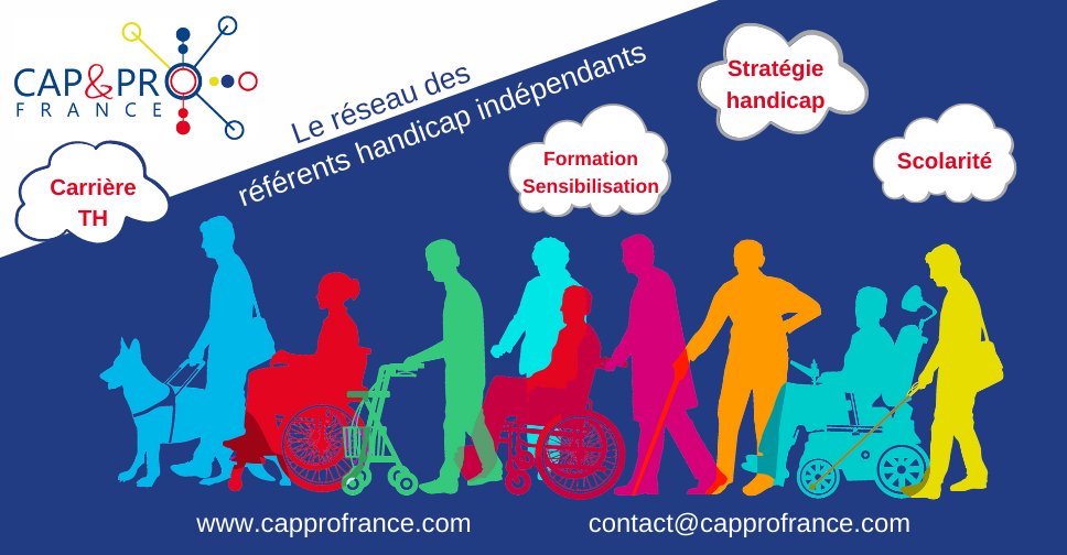 Image décrivant les prestations proposées par Cap & Pro France : Formation/Sensibilisation, Stratégie handicap, Carrière TH, Scolarité