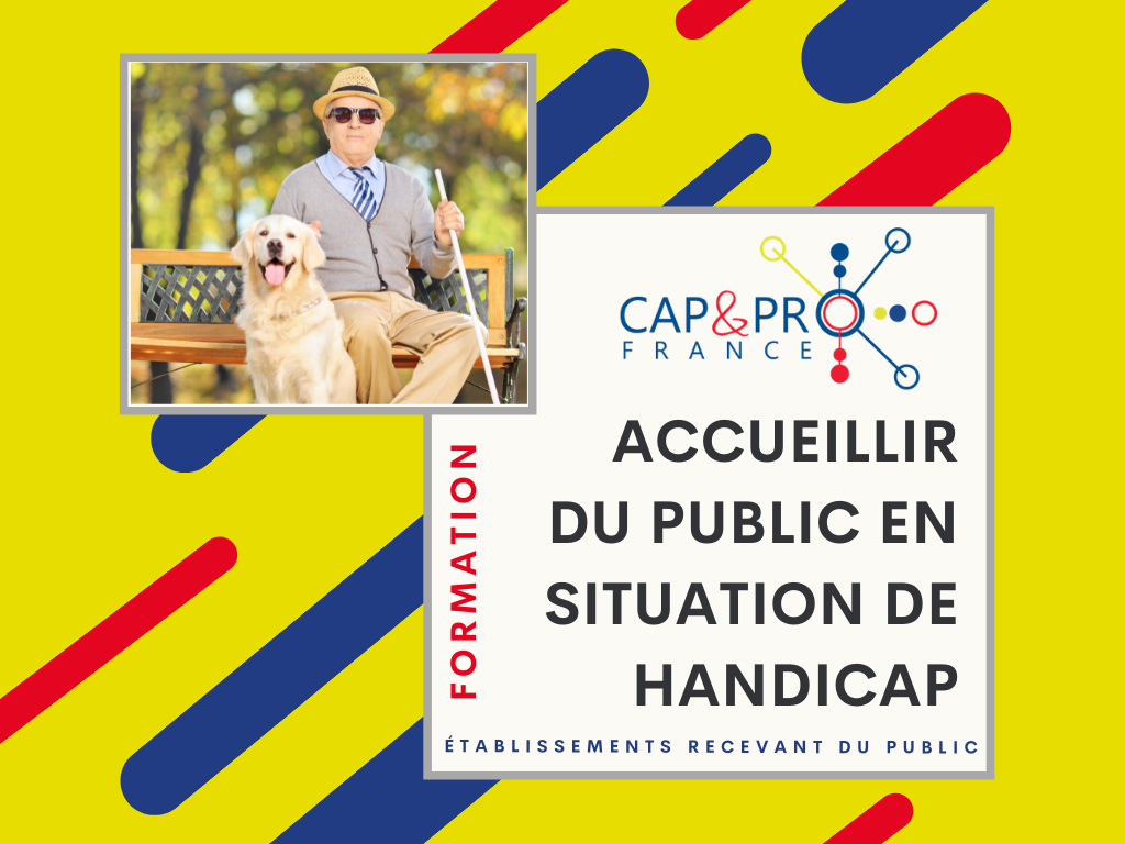 Affiche présentant un homme non-voyant avec un chien d'accompagnement et le texte : Formation CAP & PRO France Accueillir du public en situation de handicap - Etablissements recevant du public
